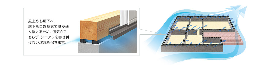風上から風下へ、床下を自然換気で風が通り抜けるため、湿気がこもらず、シロアリを寄せ付けない環境を保ちます。