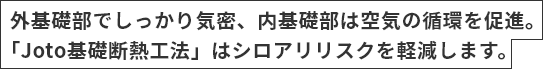 外基礎部でしっかり気密、内基礎部は空気の循環を促進。「Joto基礎断熱工法」はシロアリリスクを軽減します。